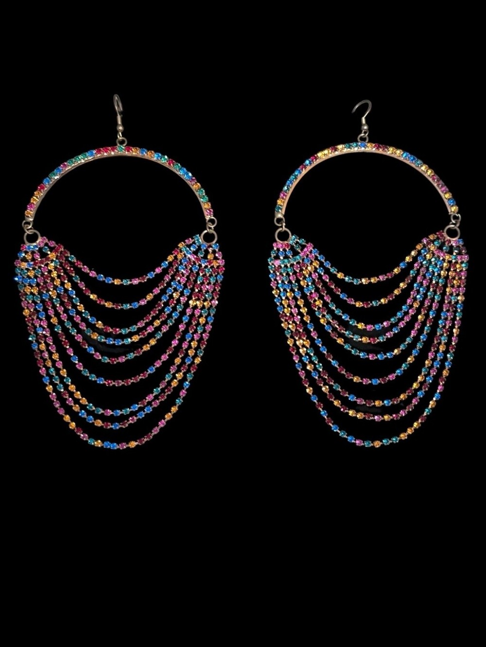 Multi-Color Glass Rhinestone Draped Chandelier Hoop Earrings